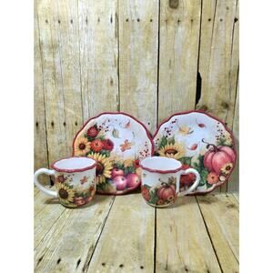 Cracker Barrel Fall Harvest 2 Plates & 2 Mugs Pumpkins Apples Sunflowerst